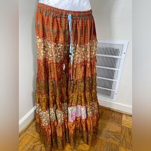 India Vintage Sari Printed Boho Gypsy Wide-Leg Palazzo Pants Trousers size OS